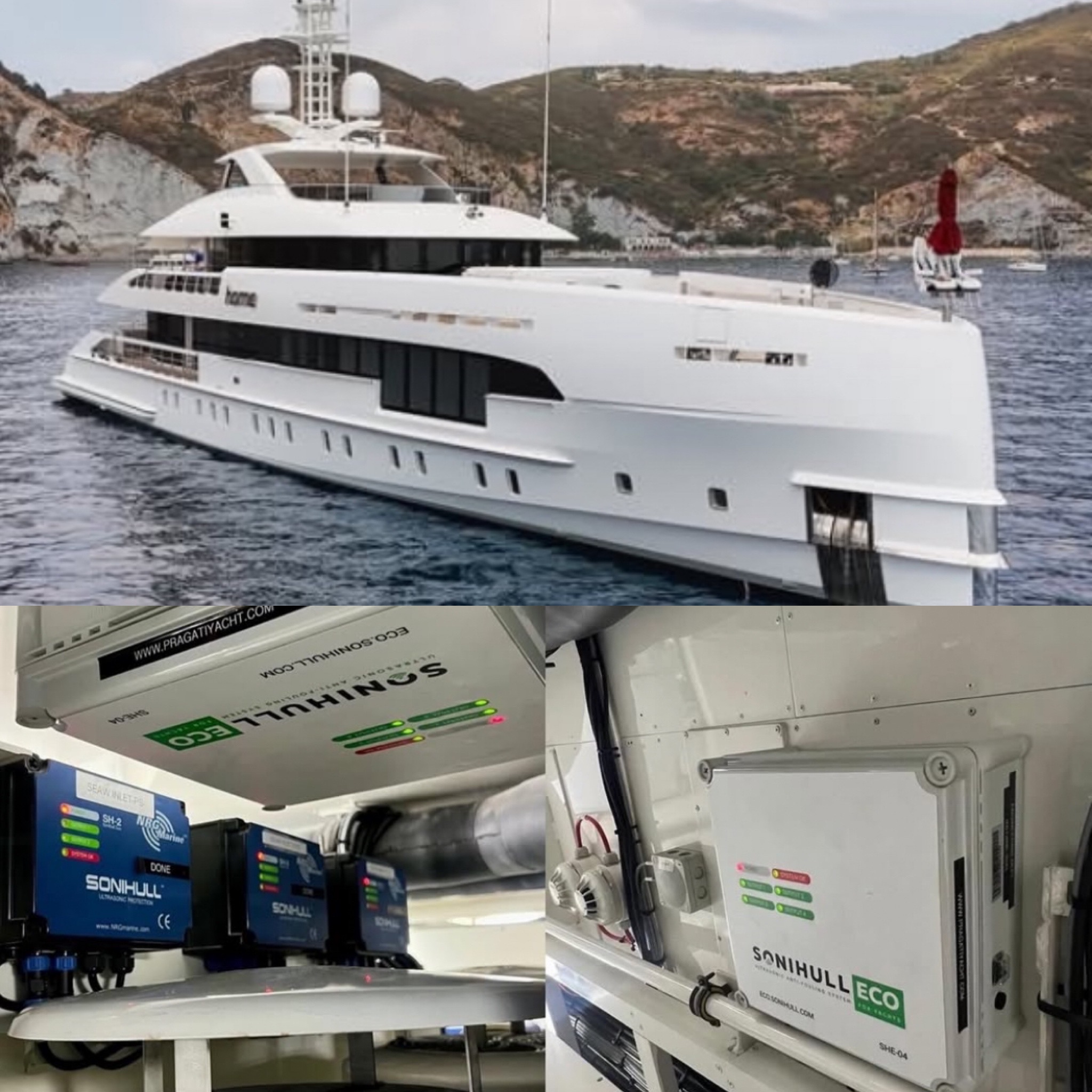 collage of yacht and sonihul ultrasonic antifouling system installation placements