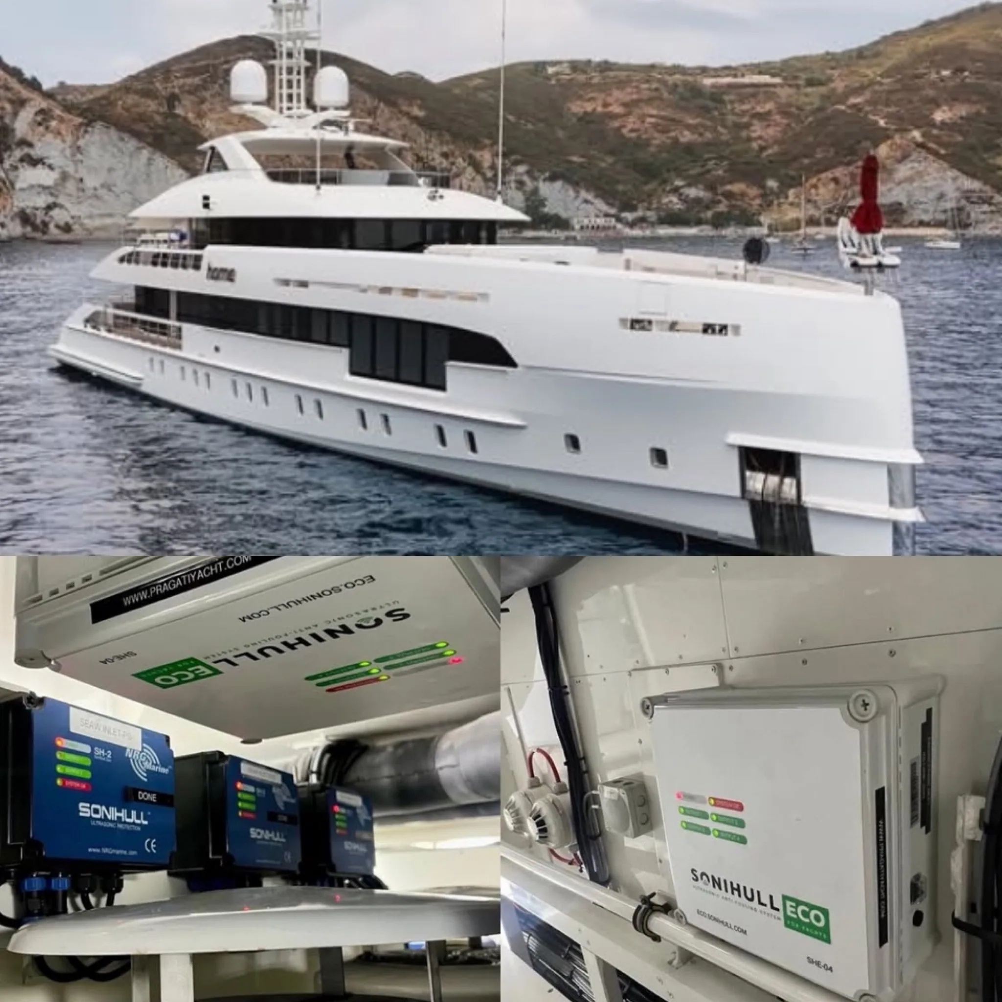 collage of yacht and sonihul ultrasonic antifouling system installation placements