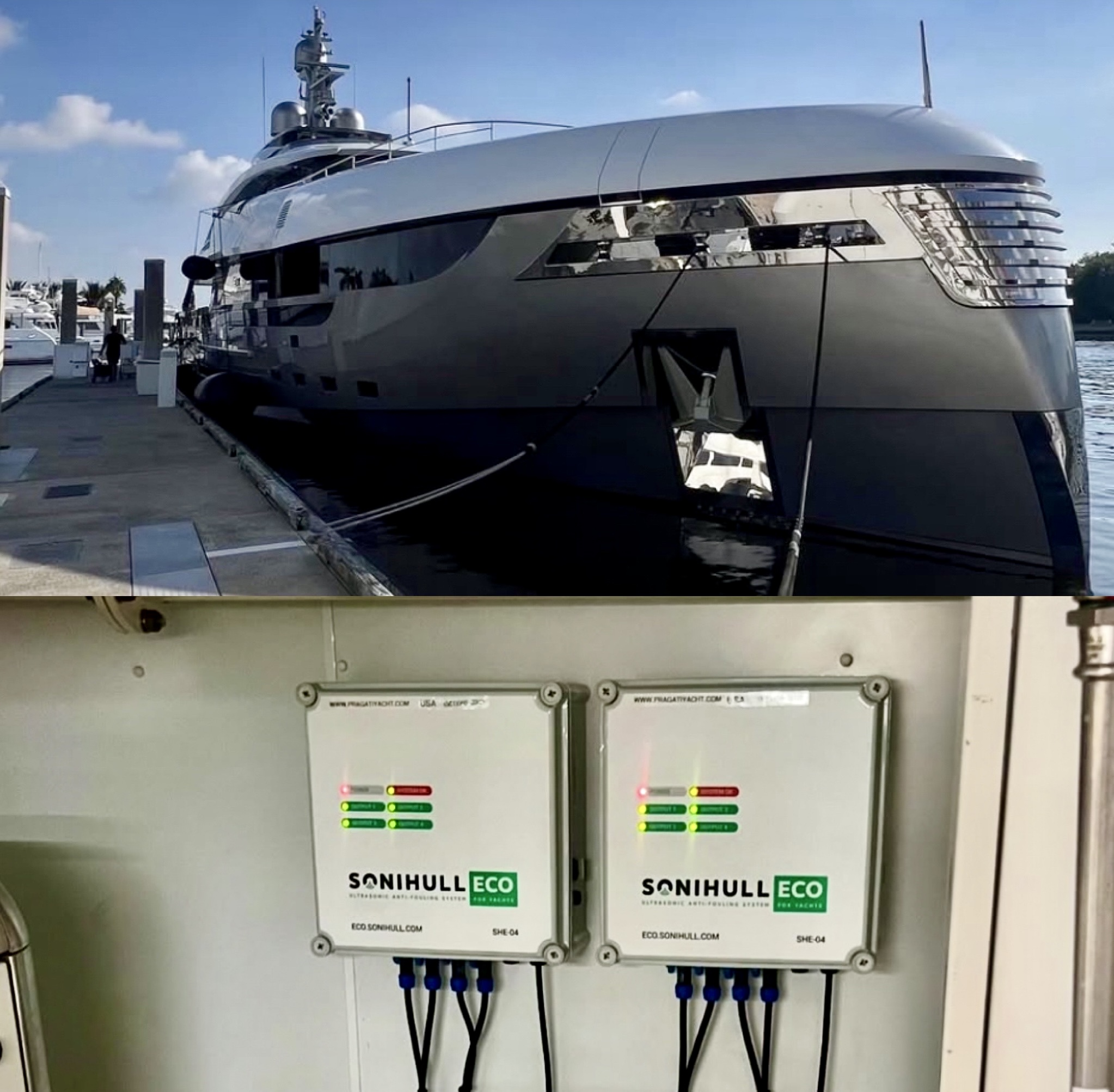 collage of yacht and sonihul ultrasonic antifouling system installation placements