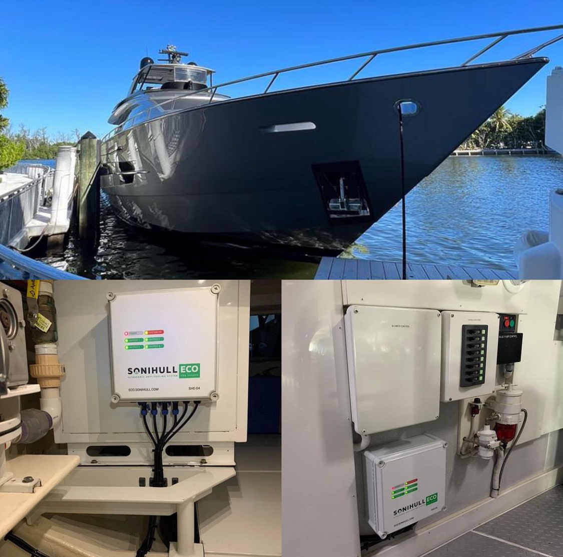 collage of yacht and sonihul ultrasonic antifouling system installation placements