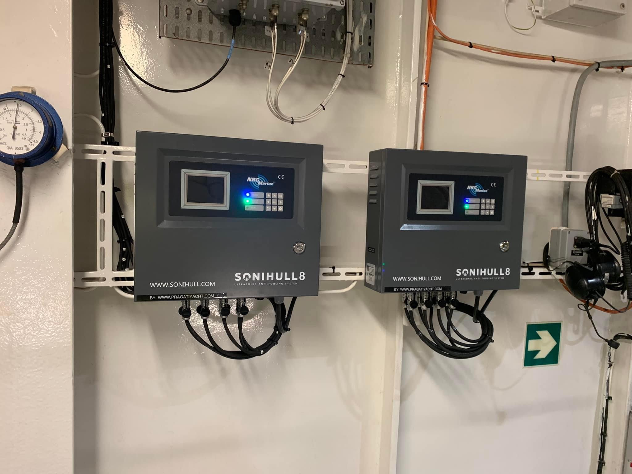 collage of yacht and sonihul ultrasonic antifouling system installation placements